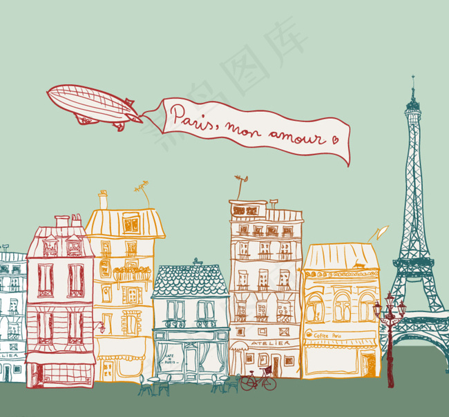 彩绘巴黎街道风景矢量素材图片
