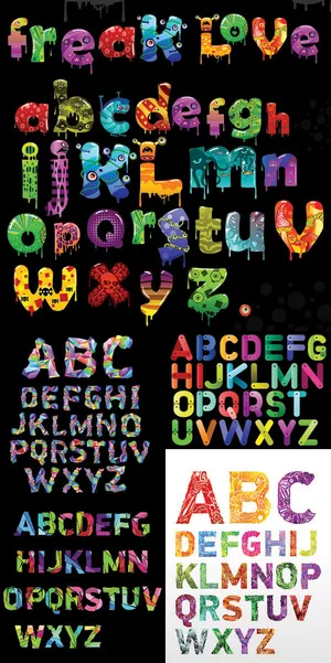 卡通字母七彩动物字体矢量素材