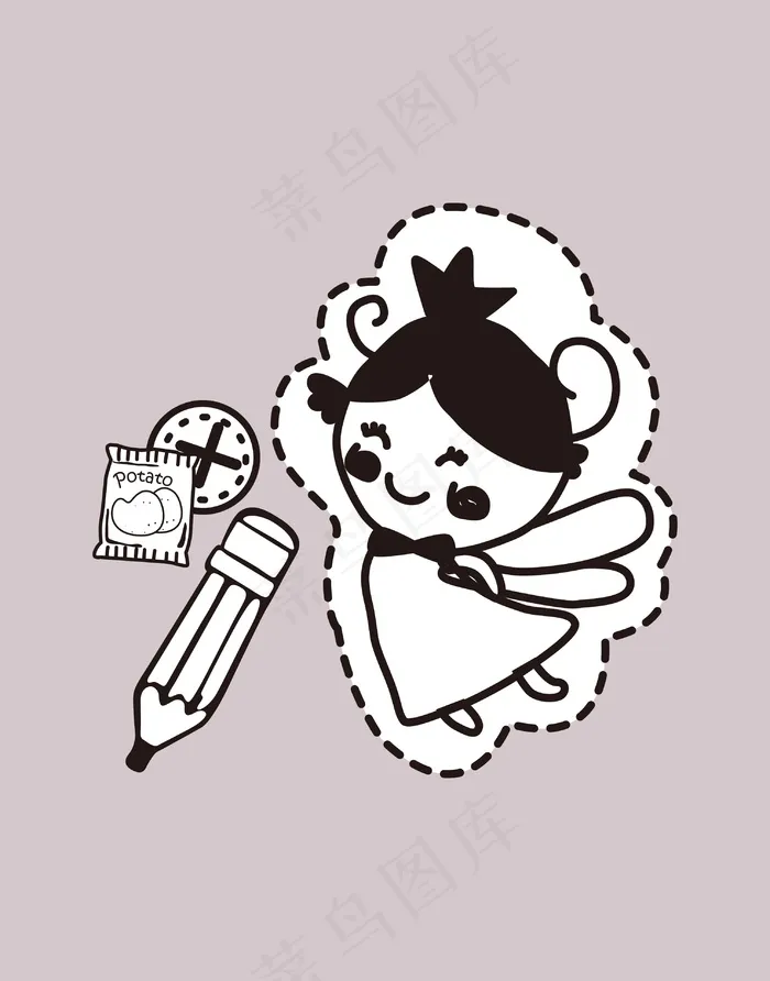 卡通人物女孩黑白手绘简笔画笔闹钟cdr矢量模版下载