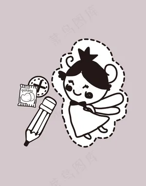 卡通人物女孩黑白手绘简笔画笔闹钟