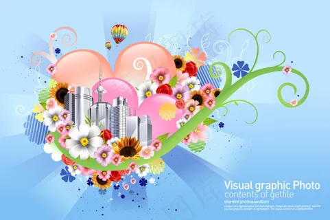 花朵藤蔓与城市建筑物PSD分层素材