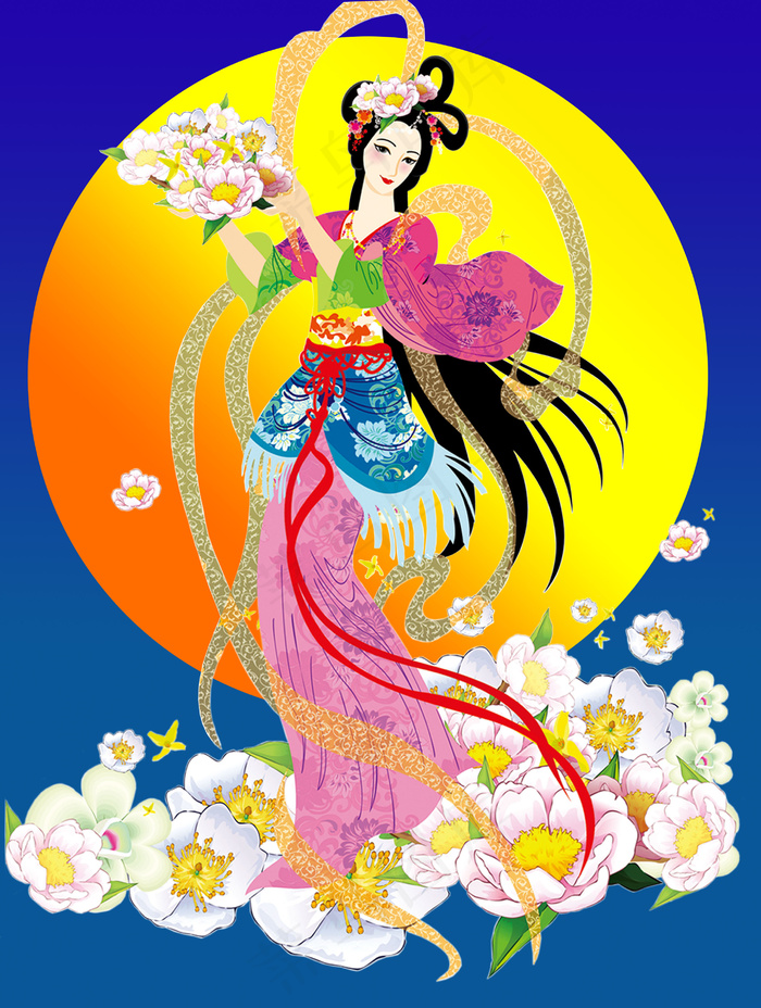 嫦娥　月亮　蓝色　黄色　中秋　美女