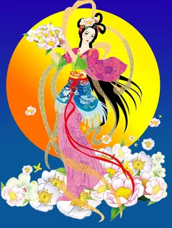 嫦娥　月亮　蓝色　黄色　中秋　美女