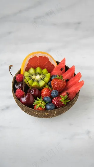 碗里装着的水果西瓜草莓猕猴桃樱桃柠檬高清摄影图片