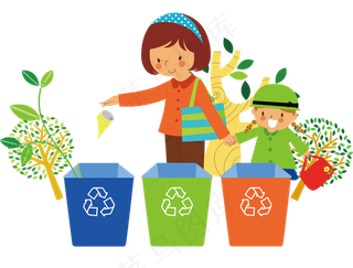 卡通母子在回收箱扔垃圾