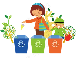 卡通母子在回收箱扔垃圾