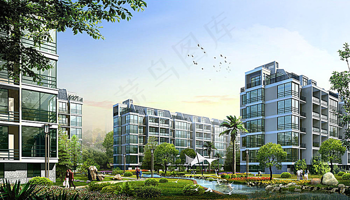 小区园林建筑透视图(3600X2211(DPI:72))psd模版下载