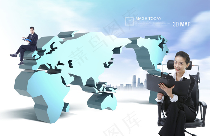 立体世界地图与职场男女人物PSD分...