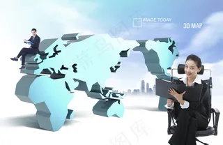 立体世界地图与职场男女人物PSD分...