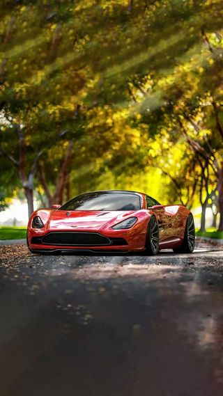 浓密的树下红色跑车高清摄影图片