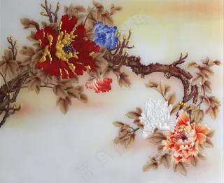 花开富贵牡丹彩雕电视背景墙玻璃雕刻...
