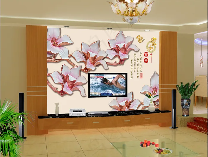 高清浮雕玉兰家和富贵壁画电视背景墙(9071X5669(DPI:72))psd模版下载