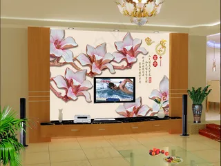 高清浮雕玉兰家和富贵壁画电视背景墙