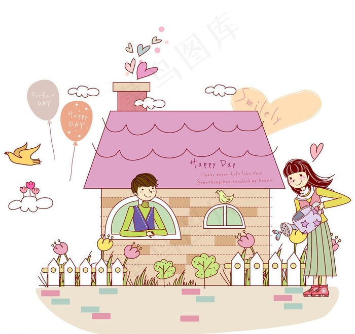 男生在窗边看女生浇花图片