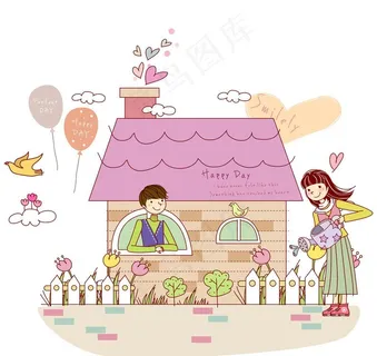 男生在窗边看女生浇花图片