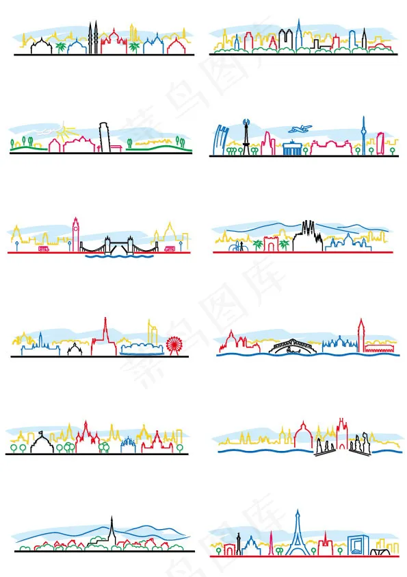 彩色线条著名城市剪影ai矢量模版下载