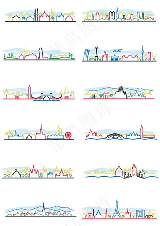 彩色线条著名城市剪影