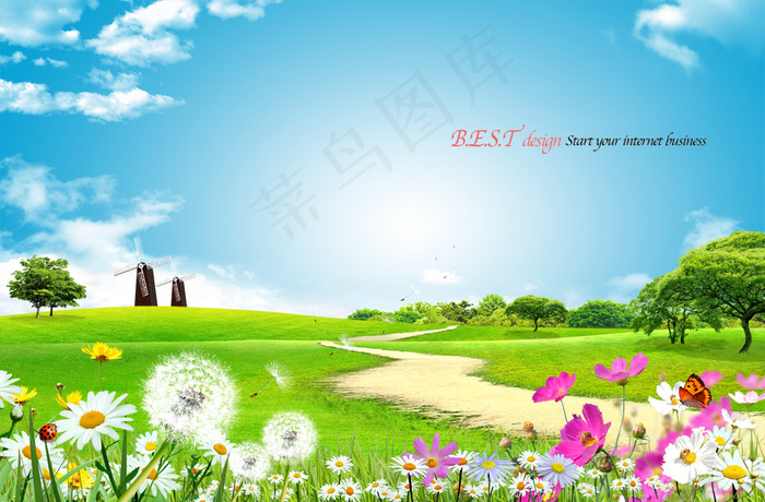 乡间小道春天风景PSD分层素