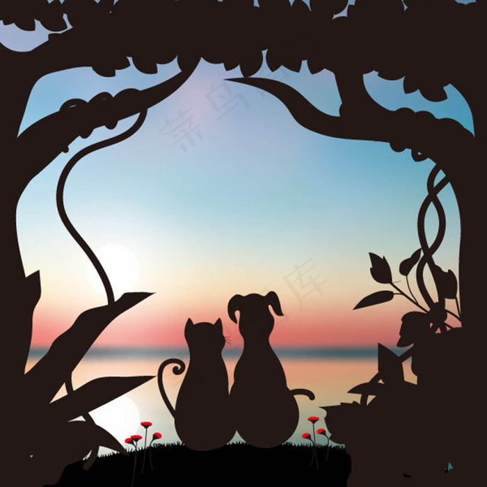 夕阳下的动物卡通情侣剪影矢量素材