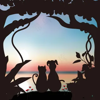 夕阳下的动物卡通情侣剪影矢量素材