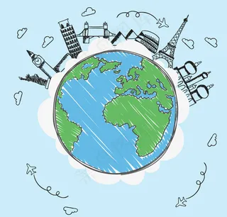 彩绘卡通地球与著名旅游景点矢量素