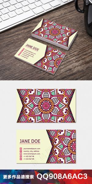 复古手绘水彩花纹民族名片卡片设计9...