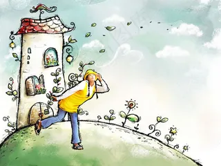 房子手绘植物幼苗与美女图片