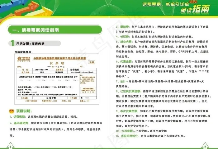 话费票据 帐单及详单阅读指南图片cdr矢量模版下载