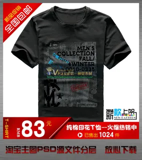 淘宝网店男子t恤直通车主图psd设...