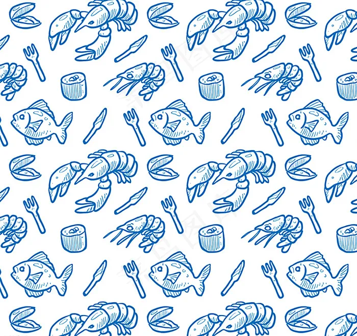 蓝色海鲜食品无缝背景图片ai矢量模版下载
