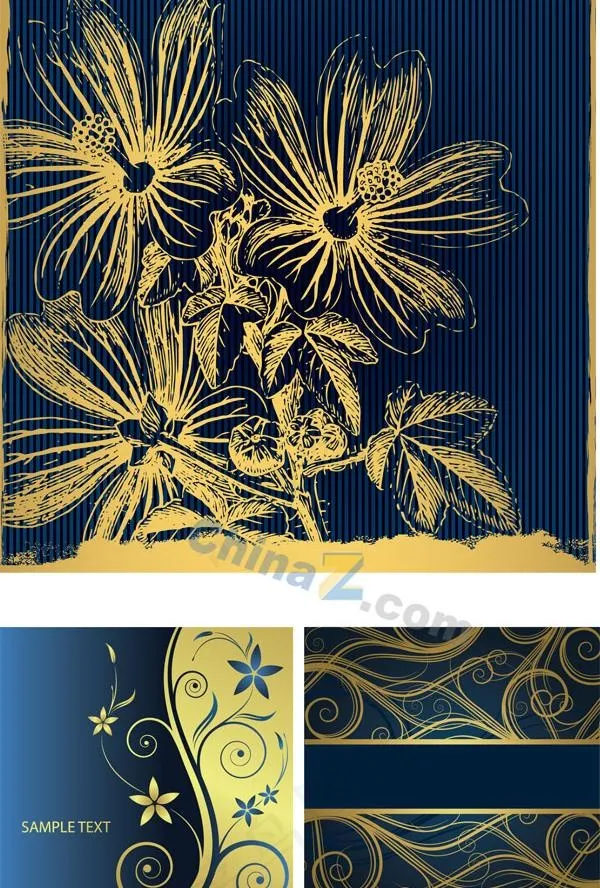 金色蓝底花纹背景矢量图ai矢量模版下载