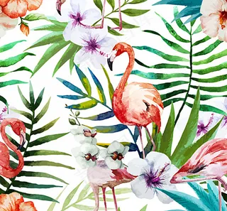 水彩绘朱槿花和火烈鸟矢量素材图片