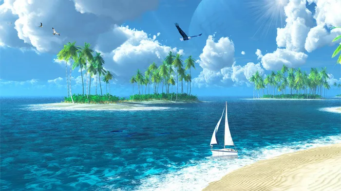 白云大海椰树帆船沙滩风景图(8000X4500(DPI:300))psd模版下载