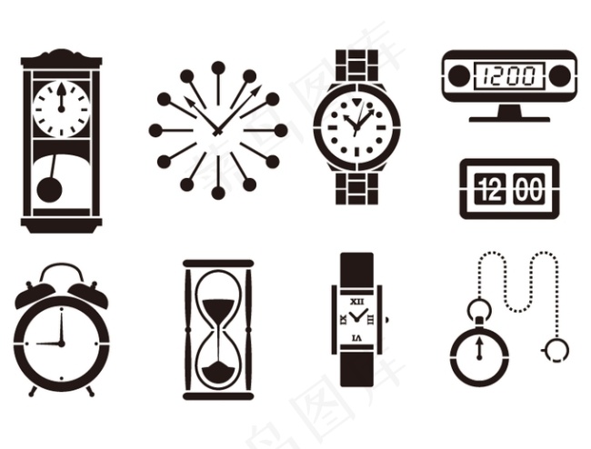 各类钟表剪影EPS矢量素材
