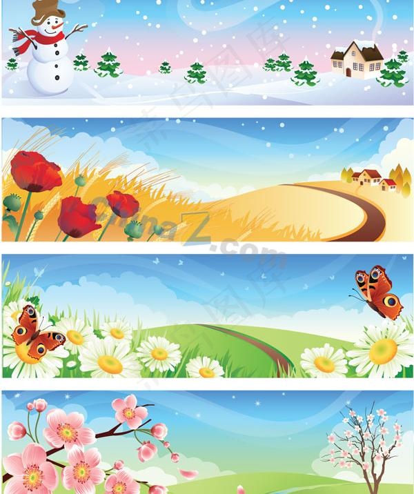 四季花纹吊旗矢量素材