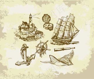 矢量手绘海洋复古图案素材