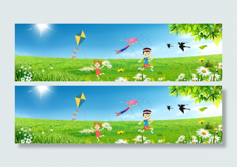 草地小孩放风筝玩耍背景图片(1200X335(DPI:72))psd模版下载