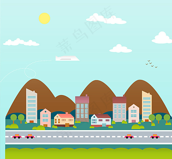 卡通公路城镇背景矢量素材图片