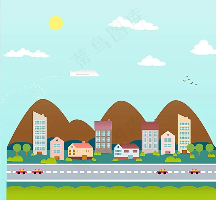 卡通公路城镇背景矢量素材图片ai矢量模版下载