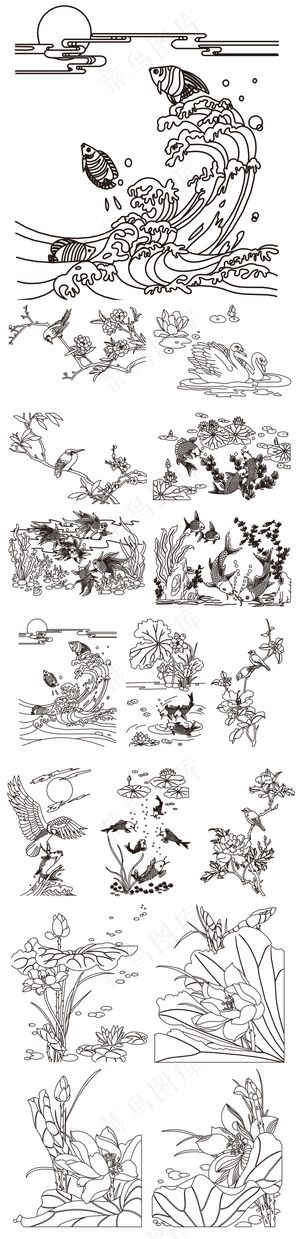 2017中式白描吉祥图案荷塘荷花鲤...