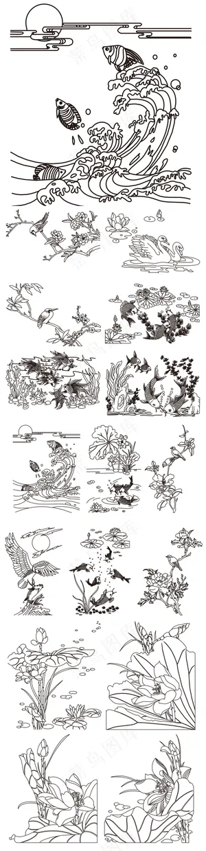 2017中式白描吉祥图案荷塘荷花鲤...