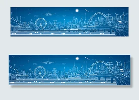 城市地标建筑轮廊背景蓝色背景线性城...