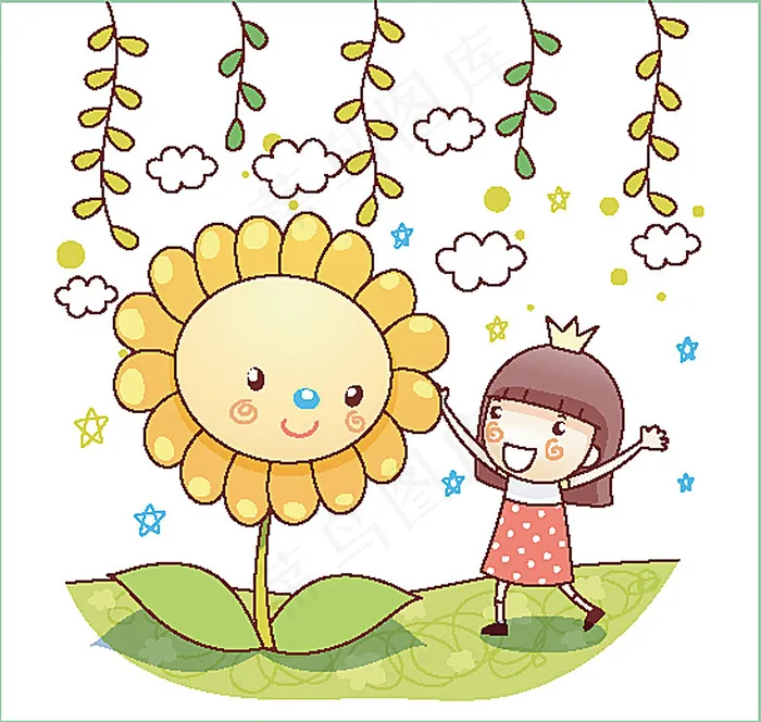 开心拥抱太阳花的小女孩eps,ai矢量模版下载