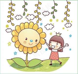 开心拥抱太阳花的小女孩
