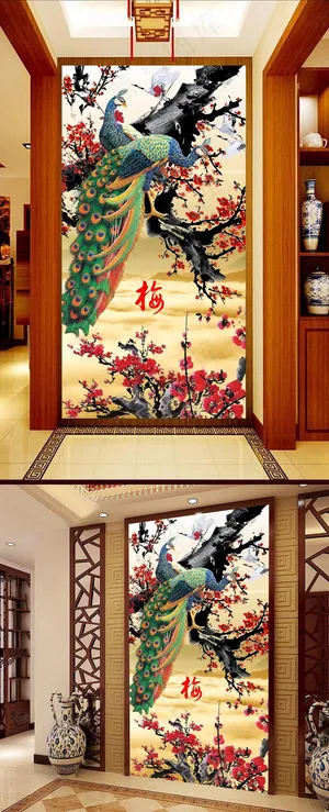 红梅傲雪孔雀飞中式古典玄关壁画背景... 红梅傲雪孔雀飞中式古典玄关壁画背景...