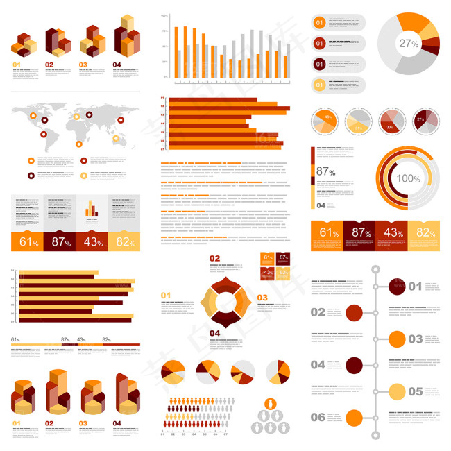 橙色多种创意商务信息图表eps,ai矢量模版下载
