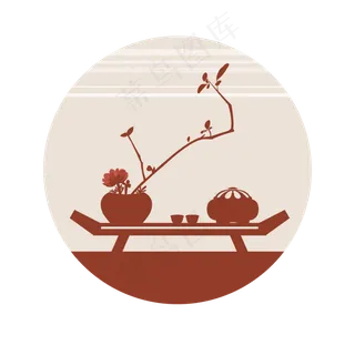 中国风主题茶具与花的剪影