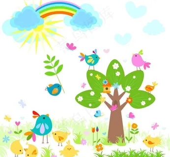可爱绿树小鸟 春天背景图片