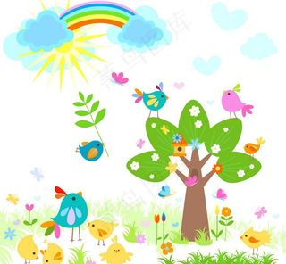 可爱绿树小鸟 春天背景图片