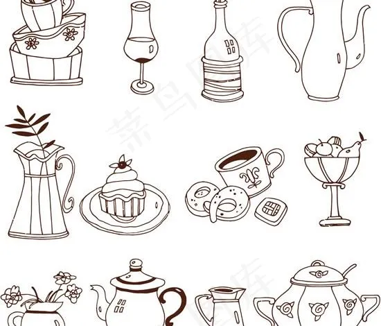 线描陶瓷玻璃容器矢量图 AIai矢量模版下载